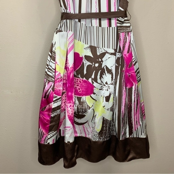 Size 4 Silk Multicolored Floral Oc By Oc Belted Dress Sleeveless Satin Pullover - Picture 9 of 11